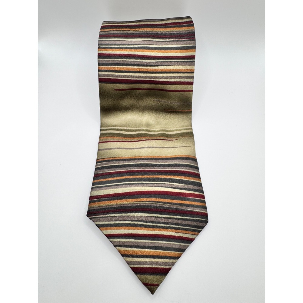 Untitled Collection Fifteen Silk Necktie Striped Olive Green Red Gold Gray